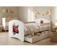 Lit d'enfant Happy Babies avec barrière de sécurité pour garçon, 140 x 70 cm, pour chambre d'enfant, avec tiroir, matelas, lit simple pour enfants, modèle Sonoma, Voiture | Voitures | Cars