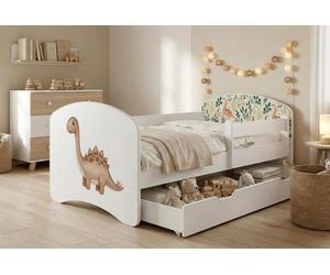 Lit d'enfant Happy Babies avec barrière de sécurité pour garçon, 140 x 70 cm, pour chambre d'enfant, avec tiroir, matelas, lit simple pour enfant, blanc, dinosaures
