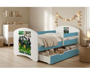 Lit d'enfant Happy Babies avec barrière de sécurité pour garçon, 140 x 70 cm, pour chambre d'enfant, avec tiroir, matelas, lit simple pour enfant, bleu, tracteur