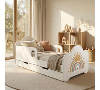 Lit d'enfant Happy Babies avec barrière de sécurité pour garçon, 160 x 80 cm, pour chambre d'enfant, avec tiroir, matelas, lit simple pour enfant, blanc, autocollants colorés