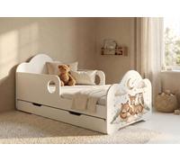 Lit d'enfant Happy Babies avec barrière de sécurité pour garçon, 160 x 80 cm, pour chambre d'enfant, avec tiroir, matelas, lit simple pour enfant, blanc, princesse, autocollants