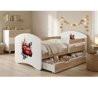 Lit d'enfant Happy Babies avec barrières de sécurité pour garçon, 140 x 70 cm, pour chambre d'enfant, avec tiroir, matelas, lit simple pour enfants, motif Craft, voiture | Voitures | Cars