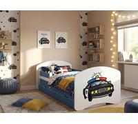 Lit d'enfant Happy Babies avec barrières de sécurité pour garçon, 140 x 70 cm, pour chambre d'enfant, avec tiroir, matelas, lit simple pour enfant, bleu, Police | Voitures | Cars