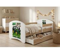Lit d'enfant Happy Babies avec barrières de sécurité pour garçon, 140 x 70 cm, pour chambre d'enfant, avec tiroir, matelas, lit simple pour enfants, motifs « Craft » et « Tracteur »