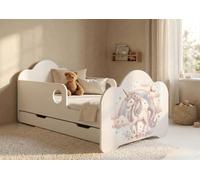 Lit d'enfant Happy Babies avec barrières de sécurité pour garçon, 160 x 80 cm, pour chambre d'enfant, avec tiroir, matelas, lit simple pour enfant, blanc, licorne