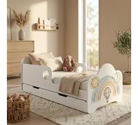 Lit d'enfant Happy Babies avec barrières de sécurité pour garçon, 160 x 80 cm, pour chambre d'enfant, avec tiroir, matelas, lit simple pour enfant, blanc, autocollants, arc-en-ciel