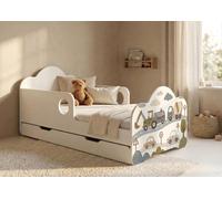 Lit d'enfant Happy Babies avec barrières de sécurité pour garçon, 160 x 80 cm, pour chambre d'enfant, avec tiroir, matelas, lit simple pour enfant, blanc, princesse, voiture