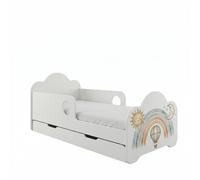 Lit d'enfant Happy Babies Novula avec barrière de sécurité pour garçon, 140 x 70 cm, pour chambre d'enfant, avec tiroir, matelas, lit simple pour enfants, arc-en-ciel