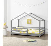 Lit d'enfant « Knätten » style maison avec barrière de sécurité, en bois de pin, 70 x 140 cm, gris clair