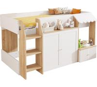 Lit d'enfant lit de maison 90x200,avec espace de rangement ouvert, avec échelle à grimper, lit surélevé mi-hauteur pour enfant,lit superposé en bois massif pour enfant sans matelas,