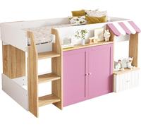 Lit d'enfant lit de maison 90x200,avec espace de rangement ouvert, avec échelle à grimper, lit surélevé mi-hauteur pour enfant,lit superposé en bois massif pour enfant sans matelas,