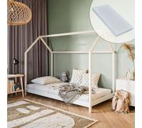 Lit d'enfant Lit de maison 90x200 cm avec matelas, protection contre les chutes & sommier à lattes en blanc Filles Garçons Lit d'adolescent Lit simple 200x90 cm