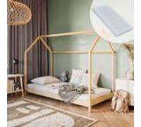 Lit d'enfant Lit de maison 90x200 cm avec matelas, protection contre les chutes & sommier à lattes en nature Filles Garçons Lit d'adolescent Lit simple 200x90 cm