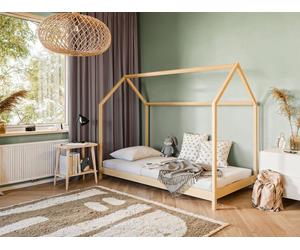 Lit d'enfant Lit de maison 90x200 cm avec protection contre les chutes & sommier à lattes en nature Filles Garçons Lit d'adolescent Lit simple 200x90 cm