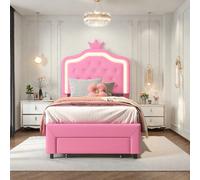 Lit d'enfant - Lit de princesse rembourré 90 x 200 cm - Avec sommier à lattes - Structure en bois - Montage facile - Lit simple pour filles/adolescentes - Rose