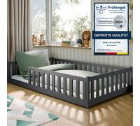 Lit d'enfant Lit de sol 120x200 cm avec protection contre les chutes, matelas & sommier Montessori Lit Lit à barreaux Enfants Lit d'adolescent Lit simple | Graphite