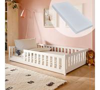 Lit d'enfant lit de sol 120x200 cm Lit avec matelas, protection contre les chutes & sommier Montessori Enfant Lit d'adolescent | blanc pin massif garçon fille