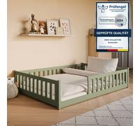 Lit d'enfant Lit de sol 140x200 cm avec matelas, protection contre les chutes & sommier Montessori Lit Lit à barreaux Enfants Lit d'adolescent Lit simple | Vert olive autres tailles 80x160 | 80x180 |