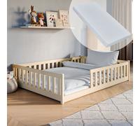 Lit d'enfant lit de sol 140x200 cm Lit avec matelas, protection contre les chutes & sommier Montessori Enfants Lit d'adolescent | pin naturel massif garçon fille