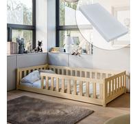 Lit d'enfant lit de sol 80x180 cm Lit avec matelas, protection contre les chutes & sommier Montessori Lit d'enfant lit d'adolescent lit simple | bois naturel garçon fille