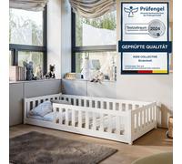 Lit d'enfant Lit de sol 90x190 cm Lit avec protection contre les chutes & sommier Montessori Lit Lit à barreaux Enfants Lit d'adolescent Lit simple en option avec matelas | pin blanc massif garçon fil