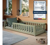 Lit d'enfant Lit de sol 90x200 cm avec matelas anti-chute & sommier Montessori Lit à barreaux Enfants Lit d'adolescent Lit simple | Vert olive autres tailles 80x160 | 80x180 | 90x190 | 120x200 | 140x2