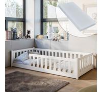 Lit d'enfant lit de sol 90x200 cm Lit avec matelas, protection contre les chutes & sommier Montessori Lit d'enfant lit d'adolescent lit simple | blanc bois garçon fille