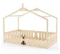 Lit d'enfant - Lit en forme de maison Montessori - Lit au sol - 90 x 200 cm - Sommier à lattes - Barrière de sécurité - Bois - Avec toit - Jaune