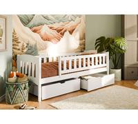 Lit d'enfant lit simple 90x200 avec deux tiroirs, protection contre la chute, sommier à lattes, en bois massif blanc, lit fonctionnel lit de jeunes - disponible en quatre couleurs