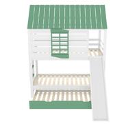 Lit d'enfant - Lit superposé en forme de maison - 90 x 200 cm - Avec toboggan - Lit gigogne - Avec espace de rangement - MDF/pin/contreplaqué - Poids max. 120 kg - Blanc/vert