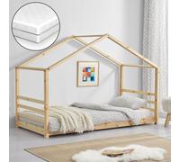 Lit d'enfant + matelas avec sommier à lattes et grille 90x200cm Lit de maison en bois Maison de lit Lit d'adolescent [en.casa]