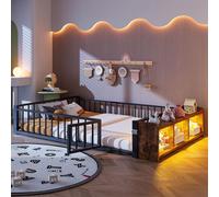 Lit d'enfant Merax 140 x 200 cm, lit plat avec éclairage LED, espace de rangement et barrières de sécurité, lit en fer robuste, lit pour adolescent au style moderne, lit au sol, noir