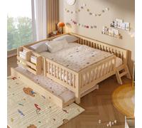 Lit d'enfant Merax 140 x 200 cm, lit plateforme avec lit gigogne, lit de jour avec bibliothèque, lit d'enfant en bois massif, lit pour adolescent ou lit d'appoint, lit plat, finition naturelle