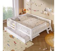 Lit d'enfant Merax 140 x 200 cm, lit plateforme avec lit gigogne, lit de jour avec bibliothèque, lit d'enfant en bois massif, lit pour adolescent ou lit d'appoint, lit plat, blanc