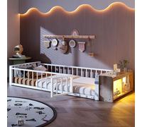 Lit d'enfant Merax 90 x 200 cm, lit plat avec éclairage LED, espace de rangement et barrières de sécurité, lit en fer robuste, lit pour adolescent au style moderne, lit au sol, blanc
