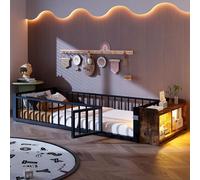 Lit d'enfant Merax 90 x 200 cm, lit plat avec éclairage LED, espace de rangement et barrières de sécurité, lit en fer robuste, lit pour adolescent au style moderne, lit au sol, noir