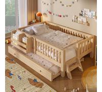 Lit d'enfant Merax 90 x 200 cm, lit plateforme avec lit gigogne, lit de jour avec bibliothèque, lit d'enfant en bois massif, lit pour adolescent ou lit d'appoint, lit plat, finition naturelle