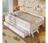 Lit d'enfant Merax 90 x 200 cm, lit plateforme avec lit gigogne, lit de jour avec étagère, lit d'enfant en bois massif, lit pour adolescent ou lit d'appoint, lit plat, blanc