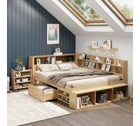 Lit d'enfant multifonctionnel avec table de chevet, tiroirs, étagères, armoire de rangement et recharge sans fil, sans matelas, lit double 140 x 200, couleur naturelle