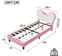 Lit d'enfant pour fille - Lit simple rembourré 90 x 200 cm - Avec lampes de lecture - Tête de lit papillon réglable - Structure en bois - Rose, sans matelas