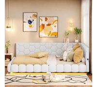 Lit d'enfant ProximaX 140 x 200 cm, blanc, avec LED et ports USB/Type-C – revêtement en fourrure synthétique, lit rembourré pour adolescent, moelleux et moderne
