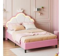 Lit d'enfant ProximaX avec LED 140 x 200 cm, lit pour adolescent en velours avec motif couronne, éclairage RGB, tête de lit réglable en hauteur, lit pour fille rose