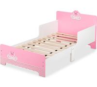 Lit d'enfant Relaxdays avec barrière de sécurité, H x l x P : 60 x 77 x 143 cm, sommier à lattes, lit pour tout-petits avec motif de cygne, MDF, blanc/rose