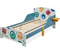 Lit d'enfant Relaxdays, dimensions : 60 x 94 x 143 cm, lit pour tout-petits avec tablette, barrière de sécurité, sommier à lattes, motif « monstres », MDF, multicolore