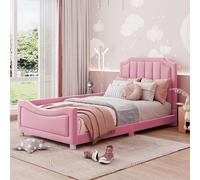 Lit d'enfant rembourré 90 x 200 cm, canapé-lit avec structure en flanelle, lit moelleux multifonctionnel avec dossier et accoudoirs, lit parent-enfant, lit pour adolescent, lit d'appoint, rose