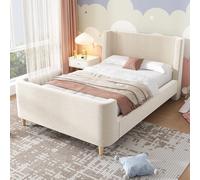 Lit d'enfant rembourré,Lit simple lit traîneau avec motif cosmique, 90 x 200 cm, Pour garçons & filles, Beige, Velours Sans matelas