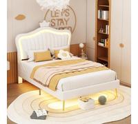 Lit d'enfant rembourré Zubaliya - 90 x 200 cm, blanc - Motif couronnes - Éclairage LED - Cuir PU