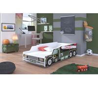 Lit d'enfant « Rocket » - Lit simple blanc, motif camion militaire, taille au choix