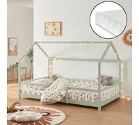 Lit d'enfant 'Sisimiut' à l'aspect de maison avec matelas et protection contre les chutes Bois de pin 120 x 200 cm Vert menthe / blanc