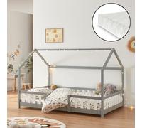 Lit d'enfant 'Sisimiut' à l'aspect de maison avec matelas et protection contre les chutes Bois de pin 120 x 200 cm Gris clair / Blanc